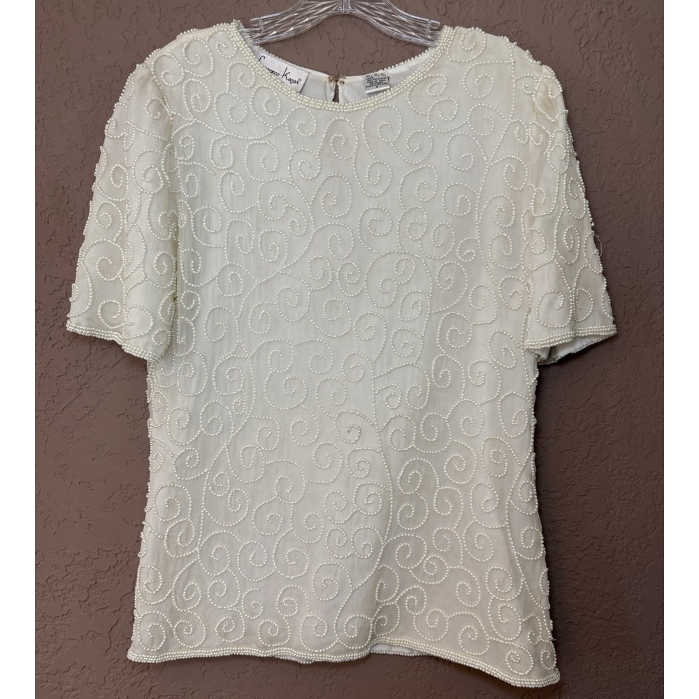 Laurence Kazar VTG Pearl Beaded Silk Women's S Ivory Short Sleeve Blouse. Formal